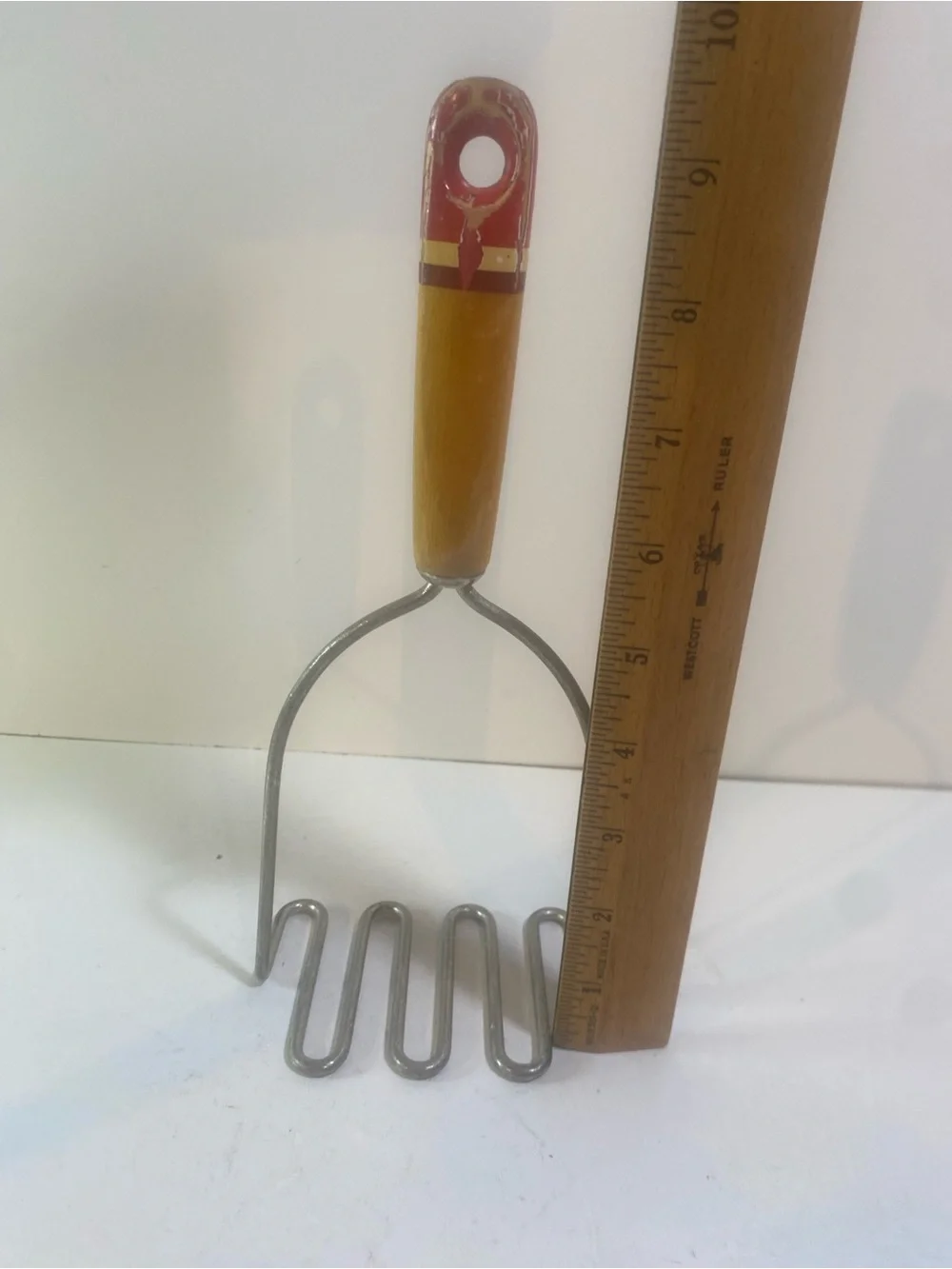 Vintage Wooden Striped Handle Potato Masher Chips On Paint